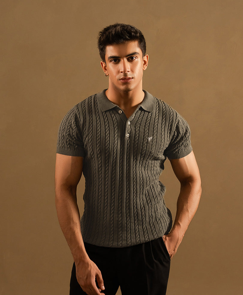 Forest Olive Cable Knit POLO - FITTED