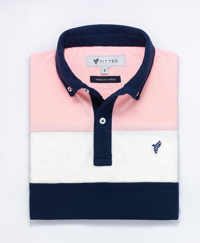 navy blue and pink polo shirt