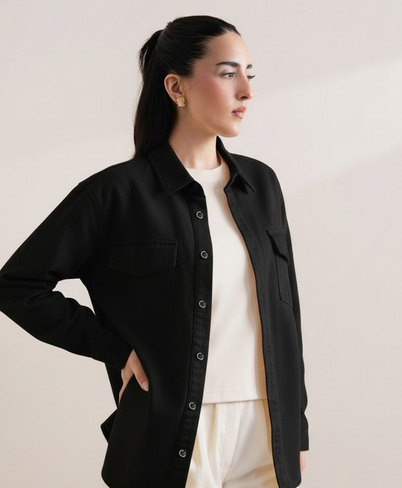Black Denim Relaxed Fit Shacket (Women) FITTED - Main Image