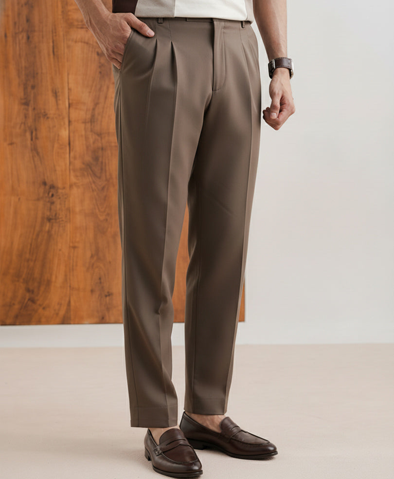 Dk Beige Pleated Dress Pant - FITTED