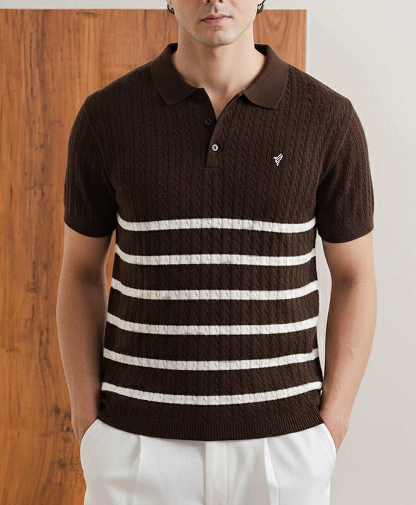 Chocolate Striped Cable Knit POLO - FITTED