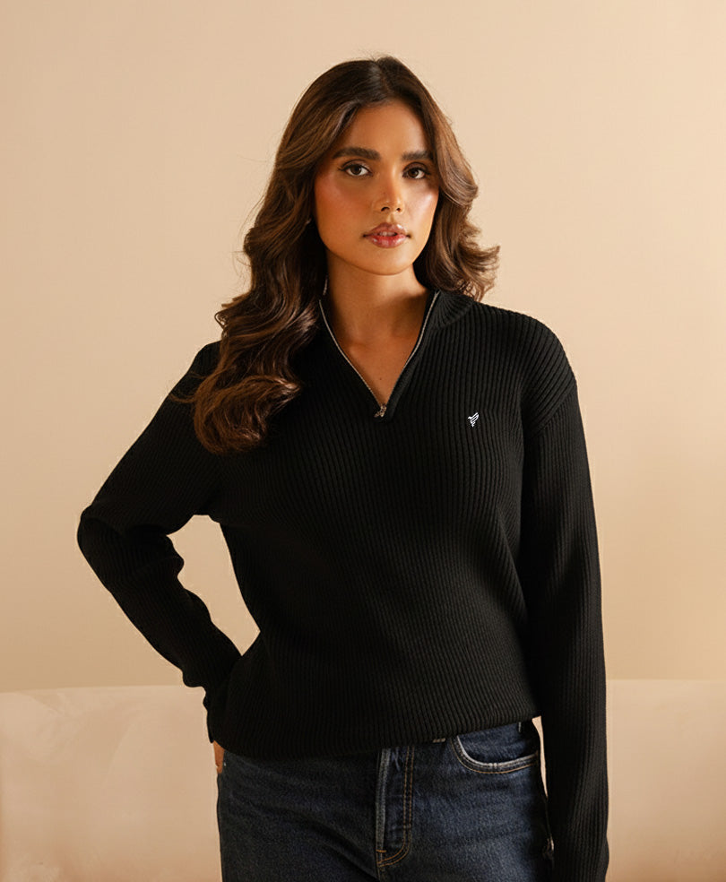 Black Mock Neck Zipper Sweater (Women) - Main Image