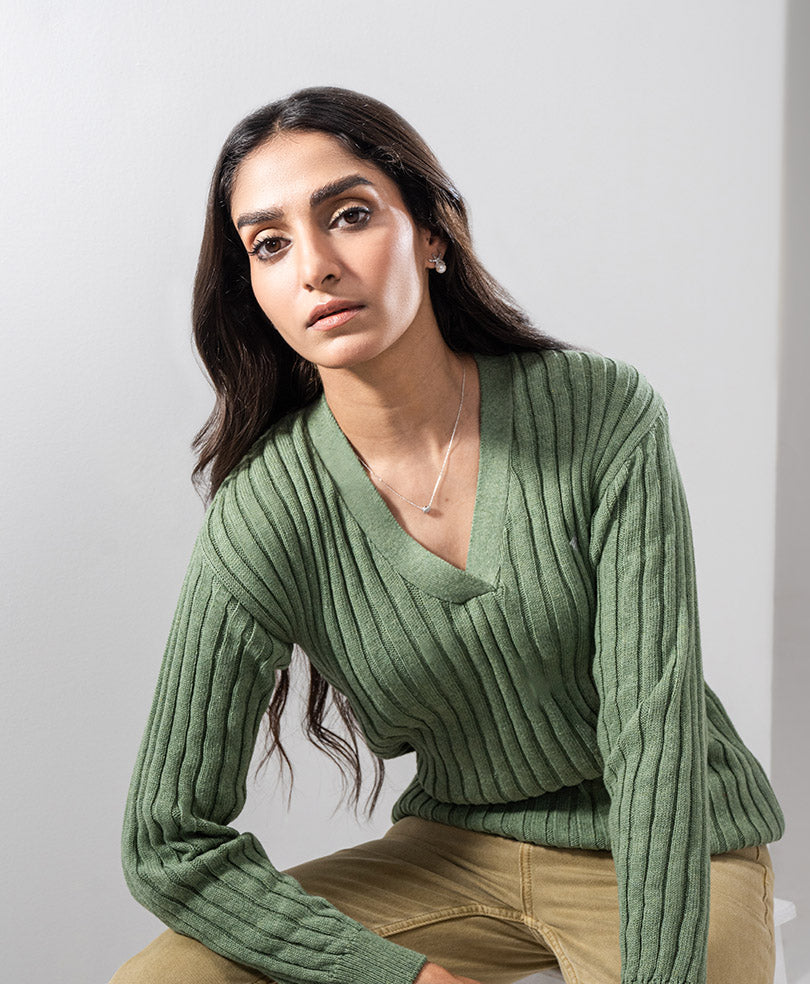 Olive V Neck Sweater Women FITTED