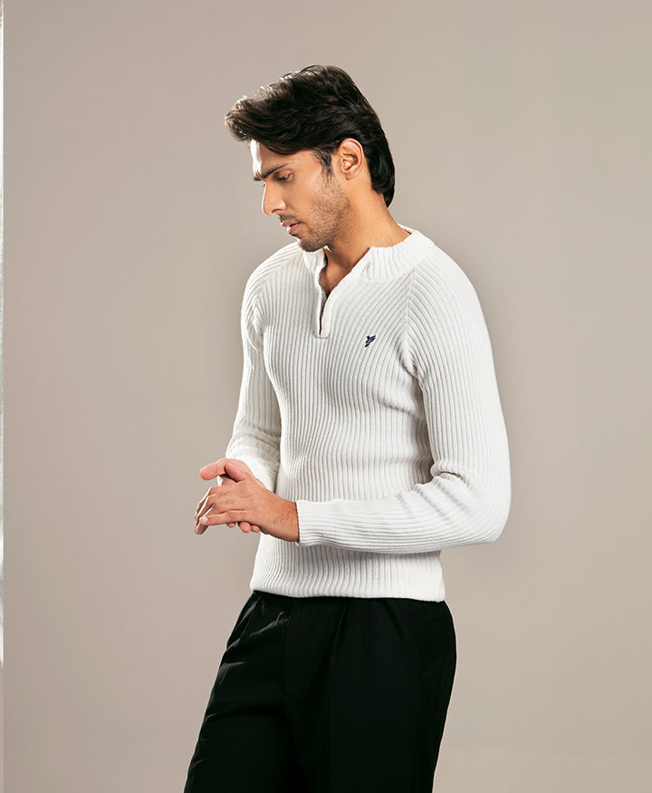 White Mock Neck Zipper Sweater