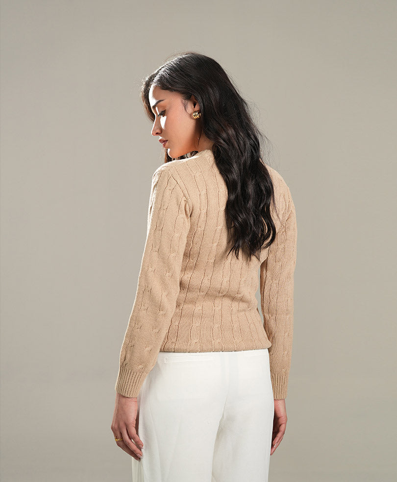 Khaki V-Neck Cable Knit Sweater (Women)