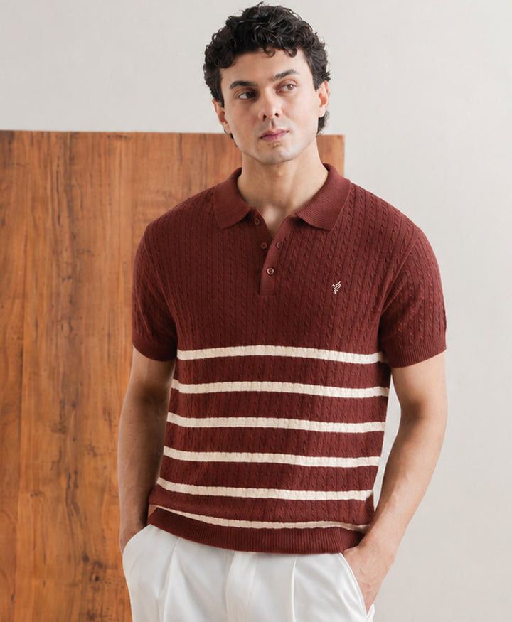 Rustic Maroon Striped Cable Knit POLO