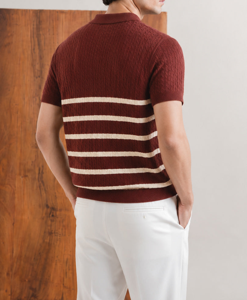 Rustic Maroon Striped Cable Knit POLO