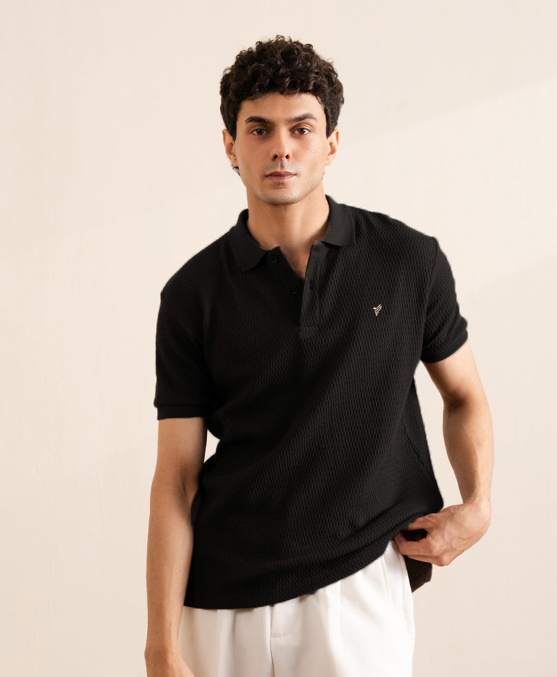 Black Herringbone Knit POLO