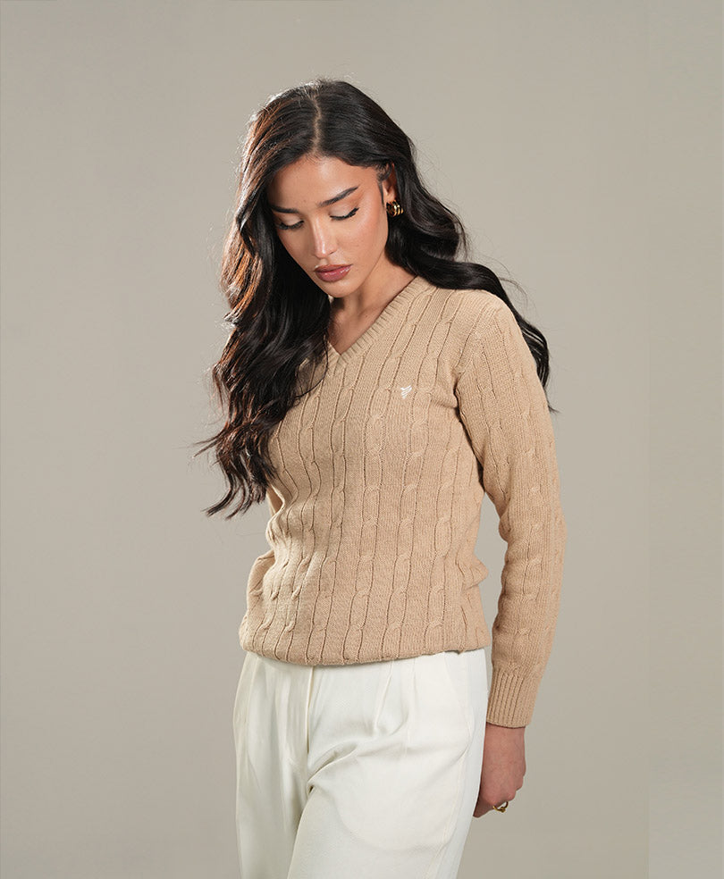 Khaki V-Neck Cable Knit Sweater (Women)