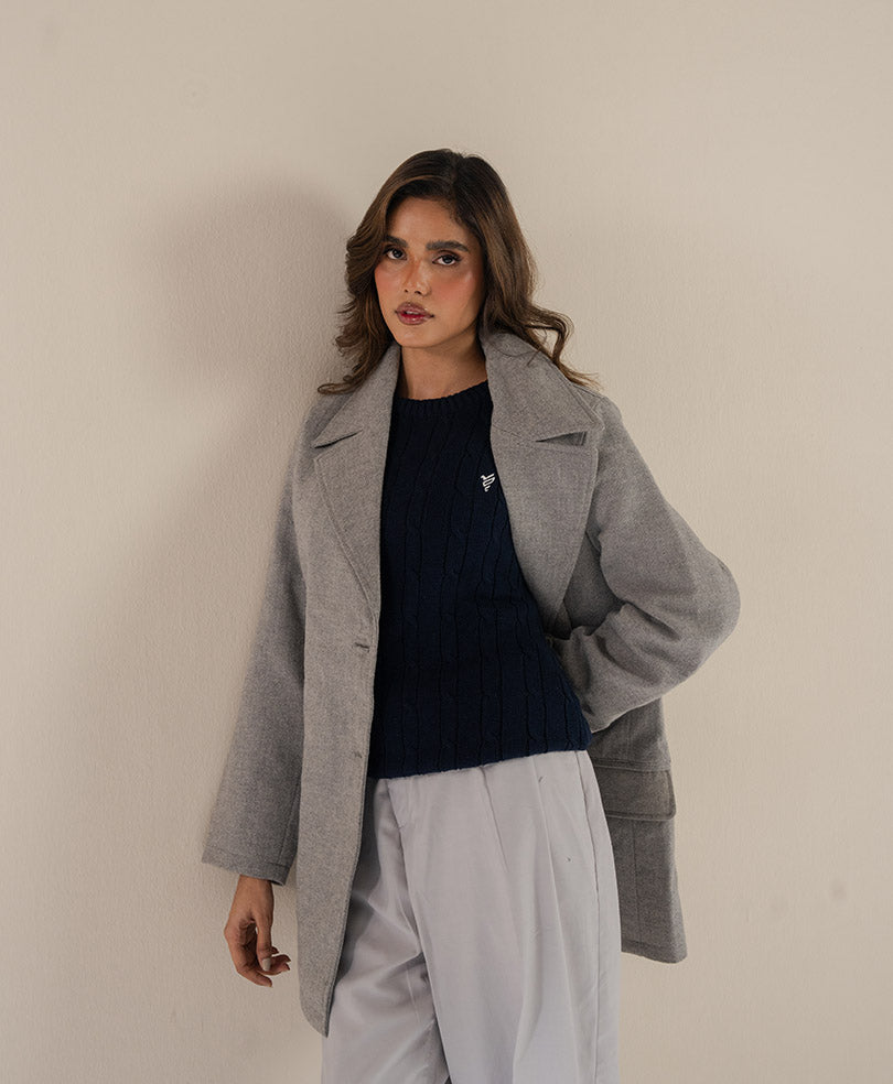 Herringbone Grey Long Coat (Women)