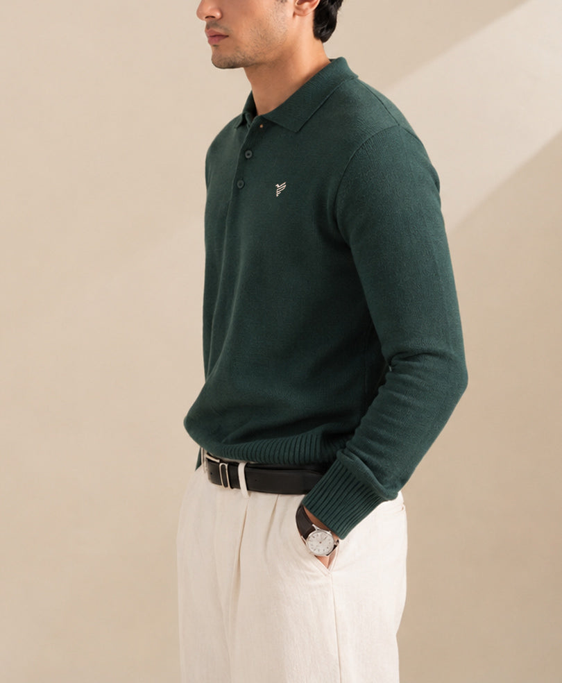 Hunter Green Knitted Full Sleeve POLO