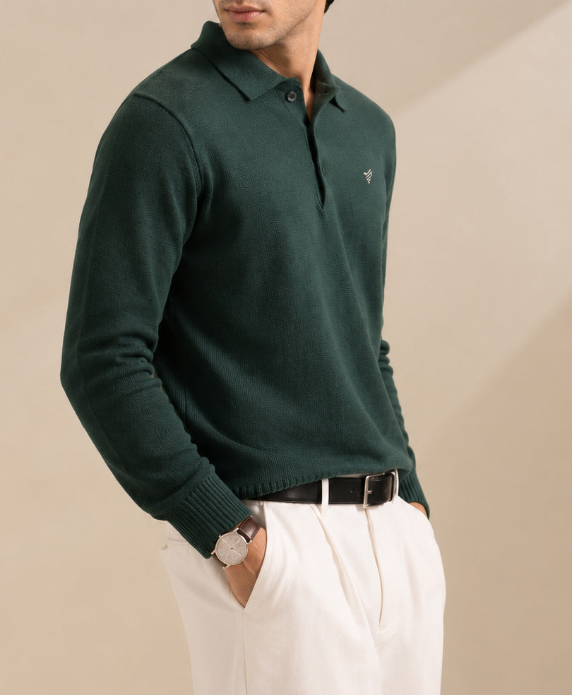 Hunter Green Knitted Full Sleeve POLO