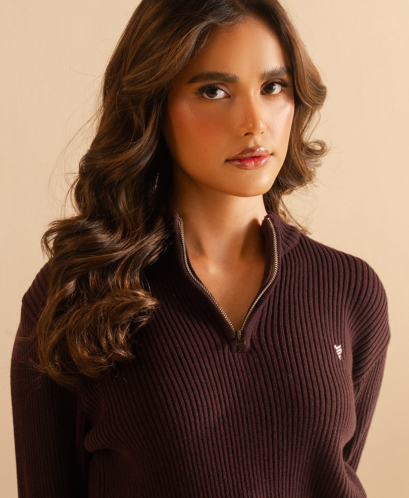 Burgundy Mock Neck Zipper Sweater (Women)