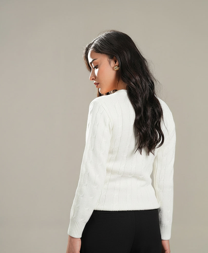 White V-Neck Cable Knit Sweater (Women)