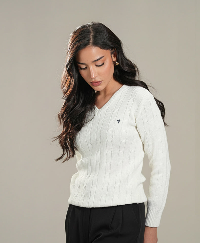White V-Neck Cable Knit Sweater (Women)