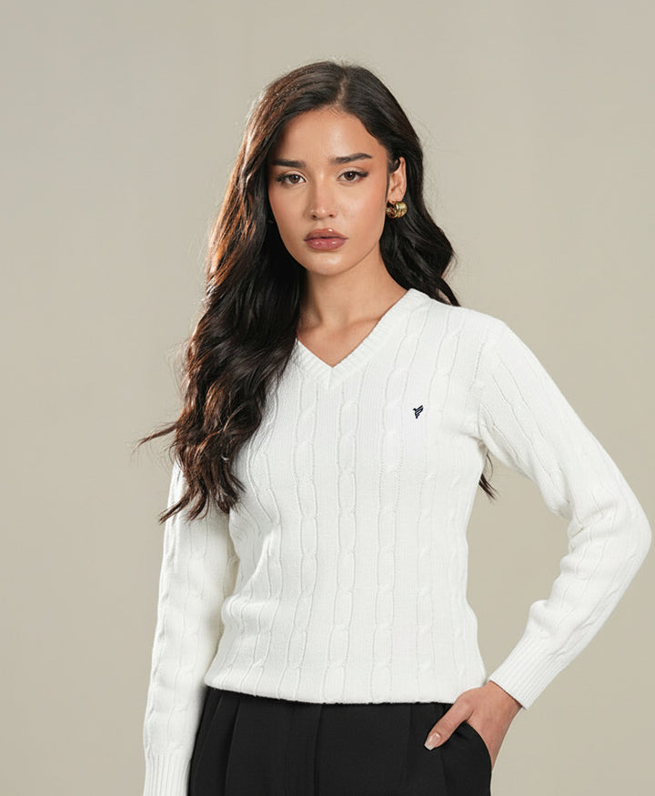 White V-Neck Cable Knit Sweater (Women)