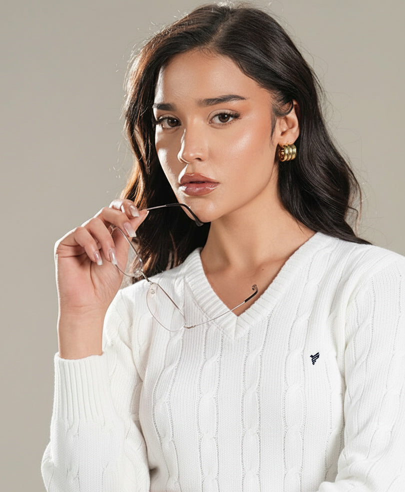 White V-Neck Cable Knit Sweater (Women)
