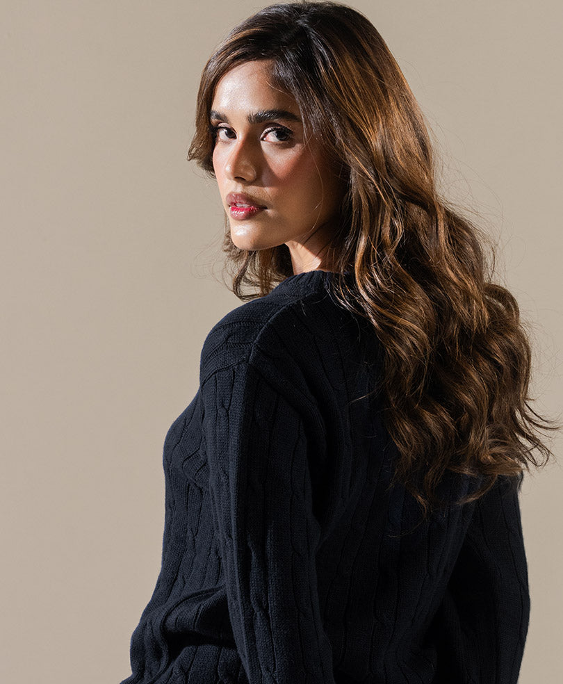 Black Cable Knit Sweater (Women) – FITTED