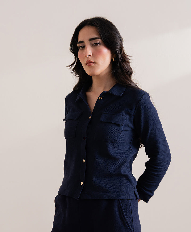 Navy Fine Waffle knit Shirt (Women)