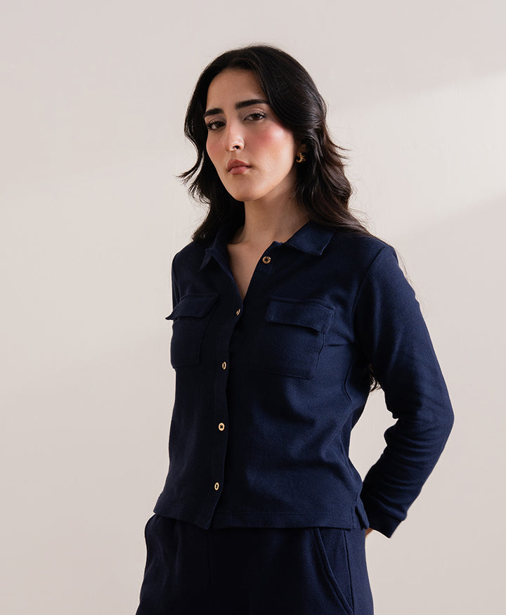 Navy Fine Waffle knit Shirt (Women)