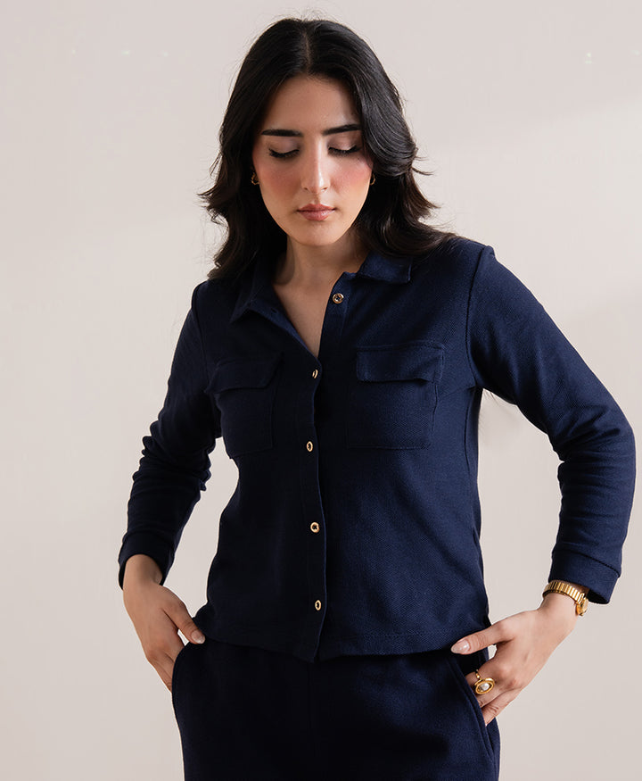 Navy Fine Waffle knit Shirt (Women)