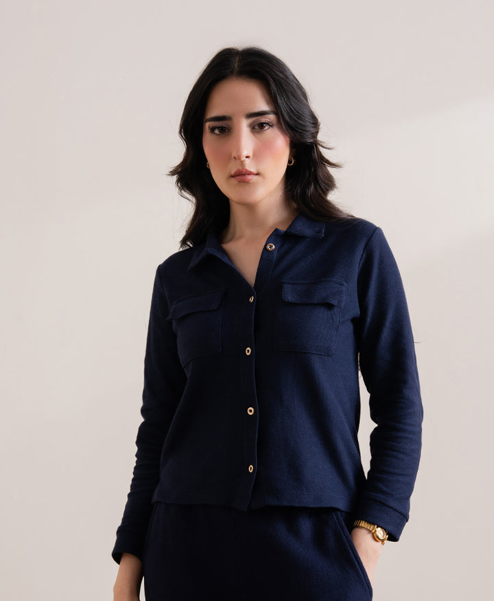 Navy Fine Waffle knit Shirt (Women)