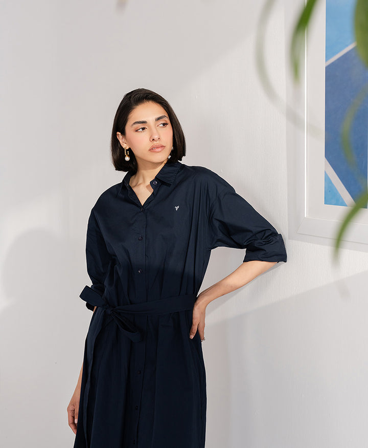 Navy Belted Oxford Shirt Dress (Women)