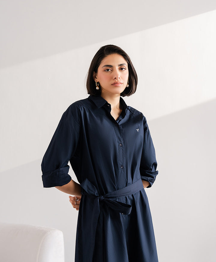 Navy Belted Oxford Shirt Dress (Women)