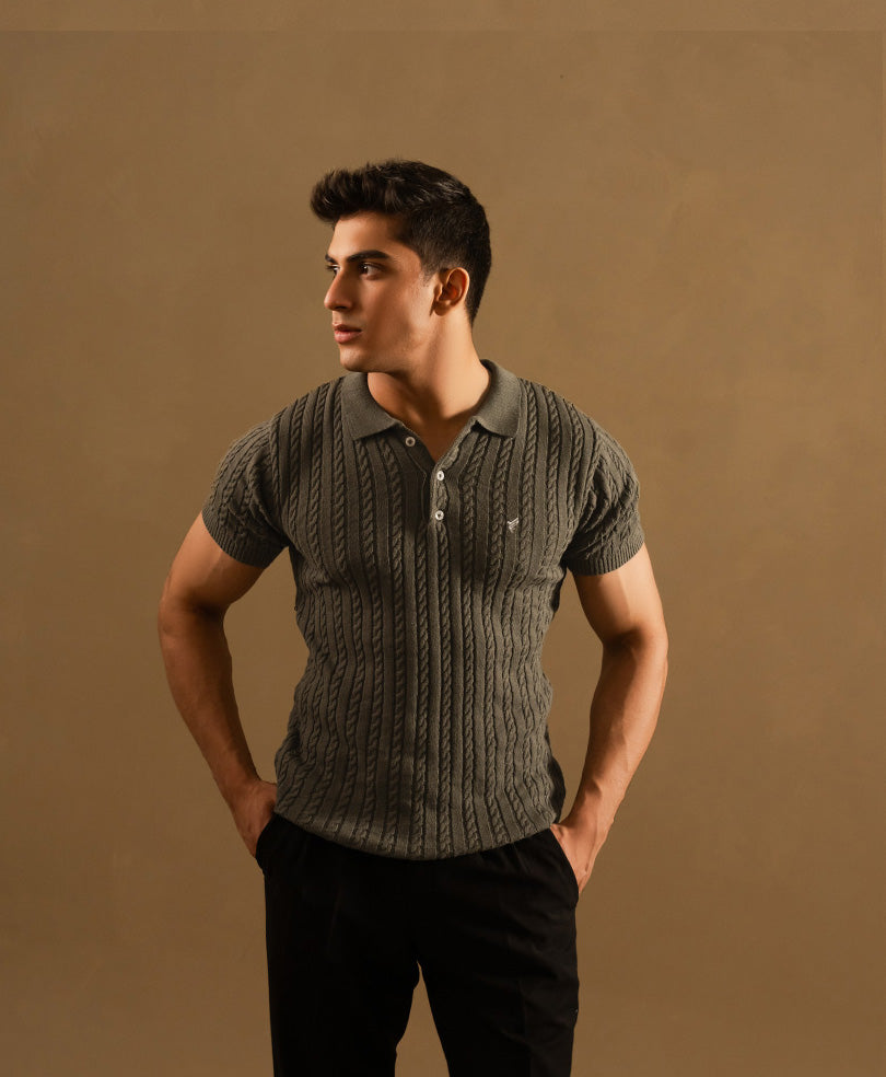 Forest Olive Cable Knit POLO - FITTED