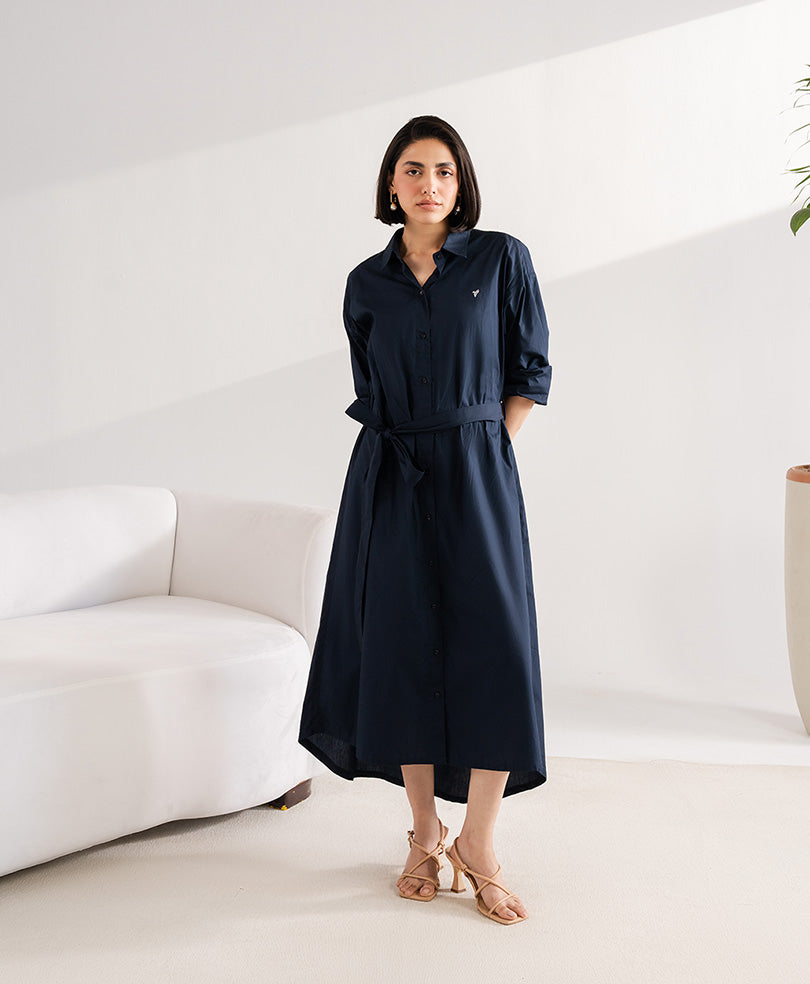 Navy Belted Oxford Shirt Dress (Women)