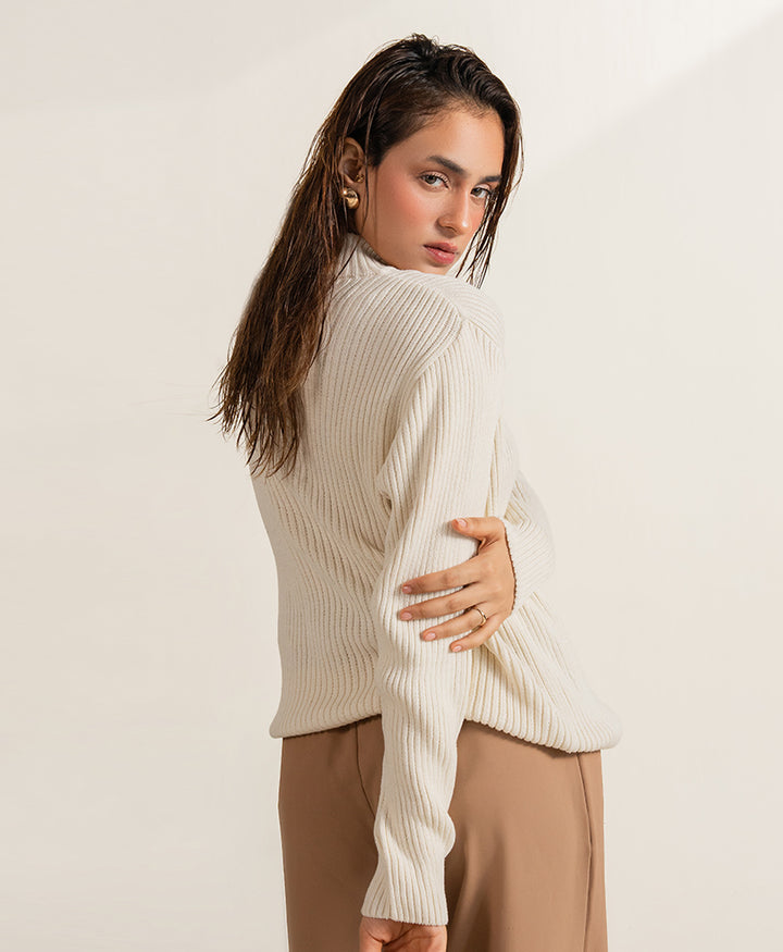 Cream Mock Neck Zipper Sweater (Women)