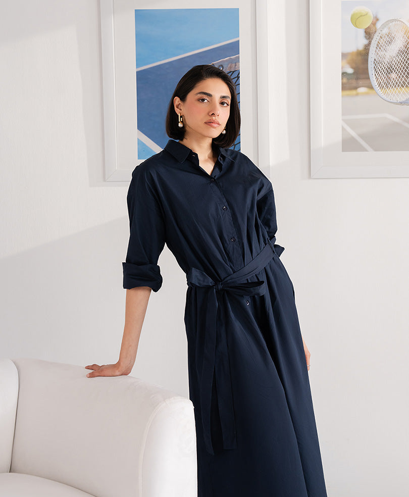 Navy Belted Oxford Shirt Dress (Women)