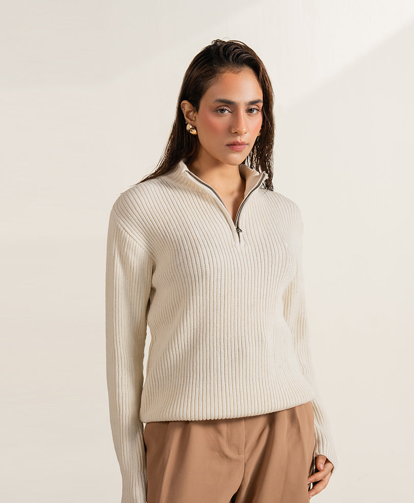 Cream Mock Neck Zipper Sweater (Women)