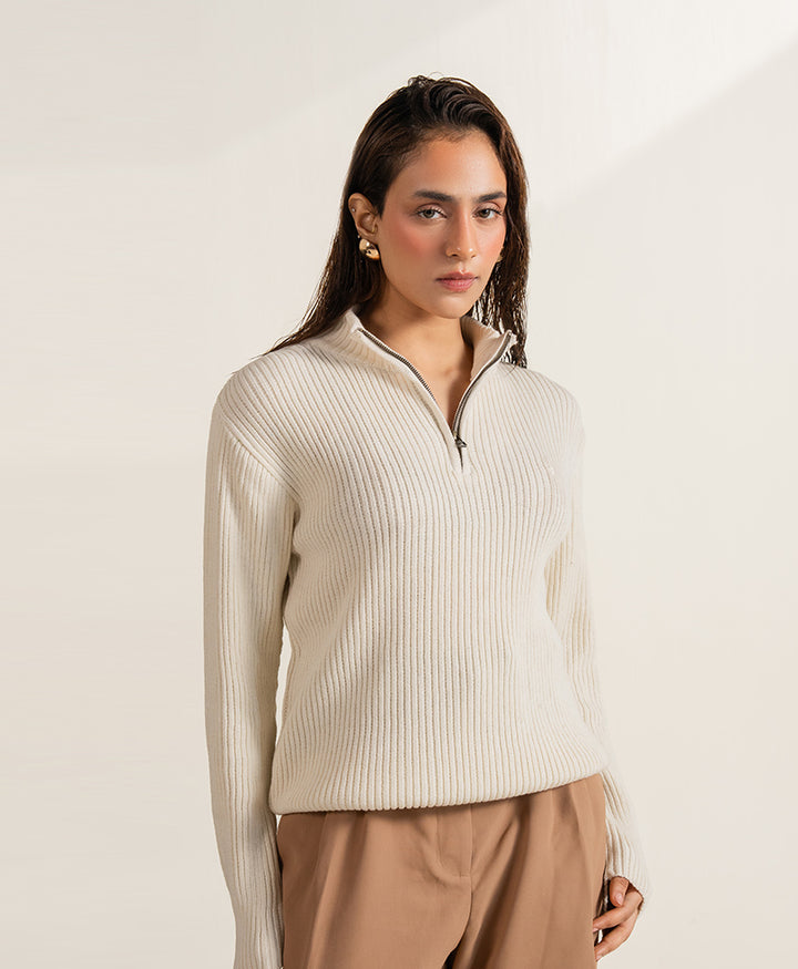 Cream Mock Neck Zipper Sweater (Women)