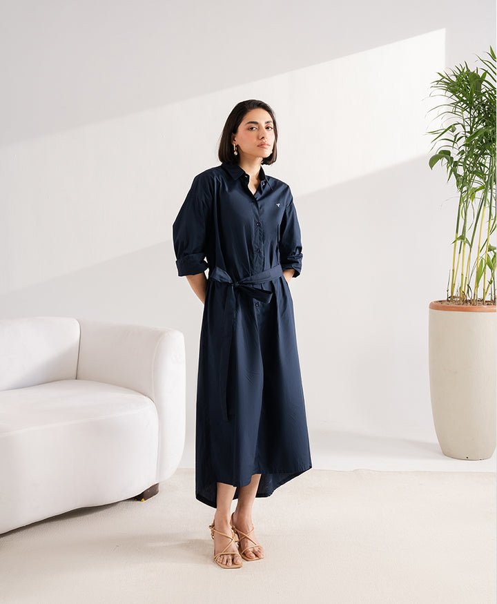 Navy Belted Oxford Shirt Dress (Women)