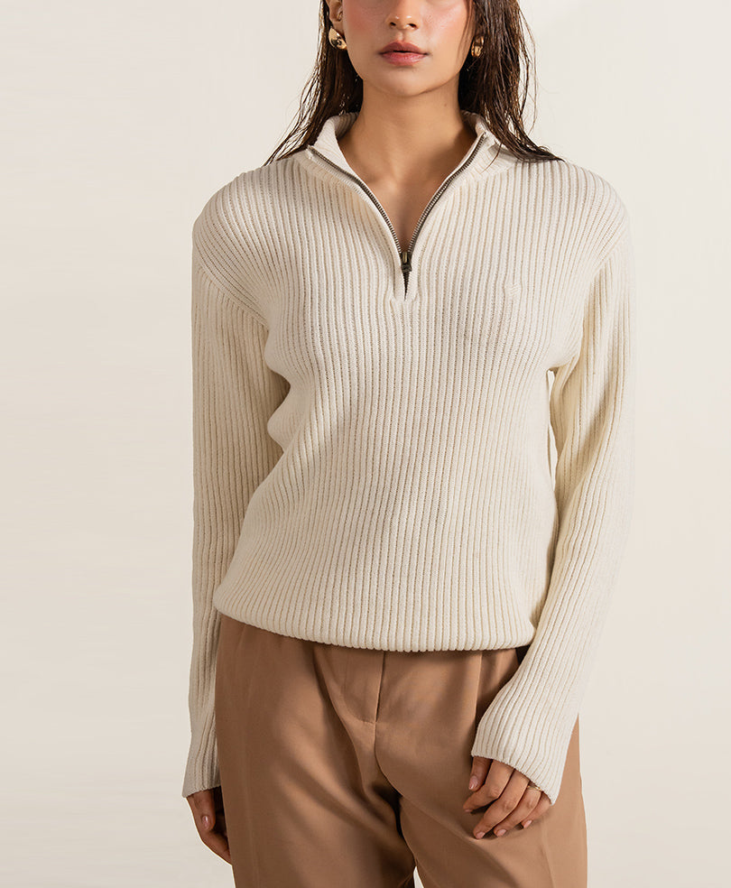 Cream Mock Neck Zipper Sweater (Women)