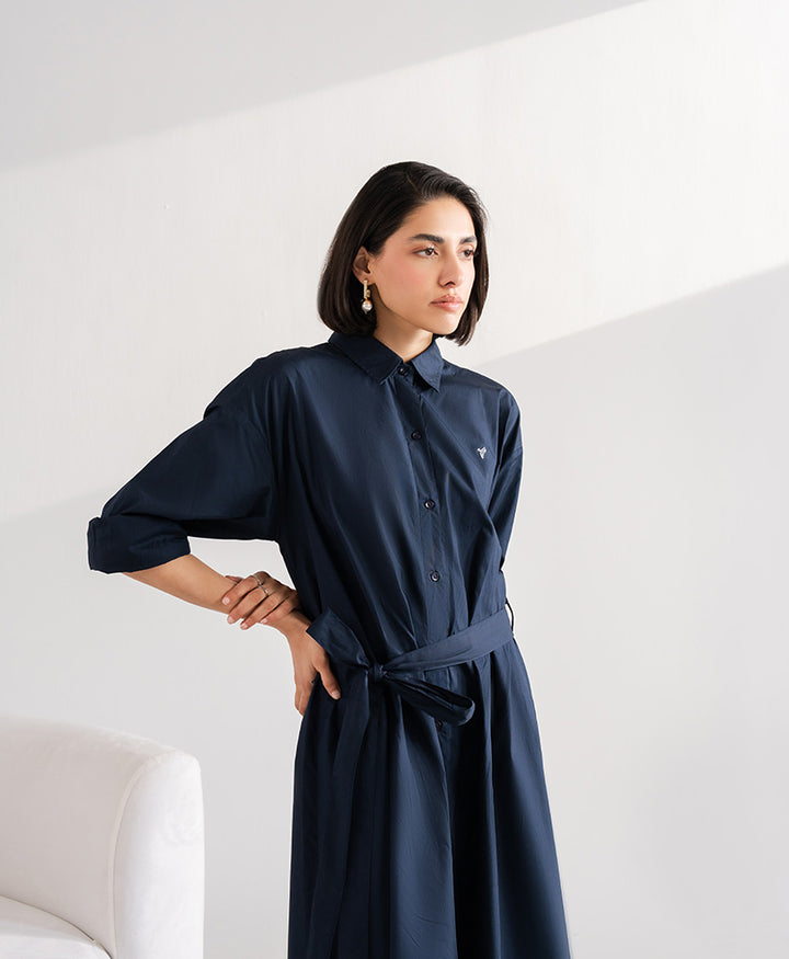 Navy Belted Oxford Shirt Dress (Women)