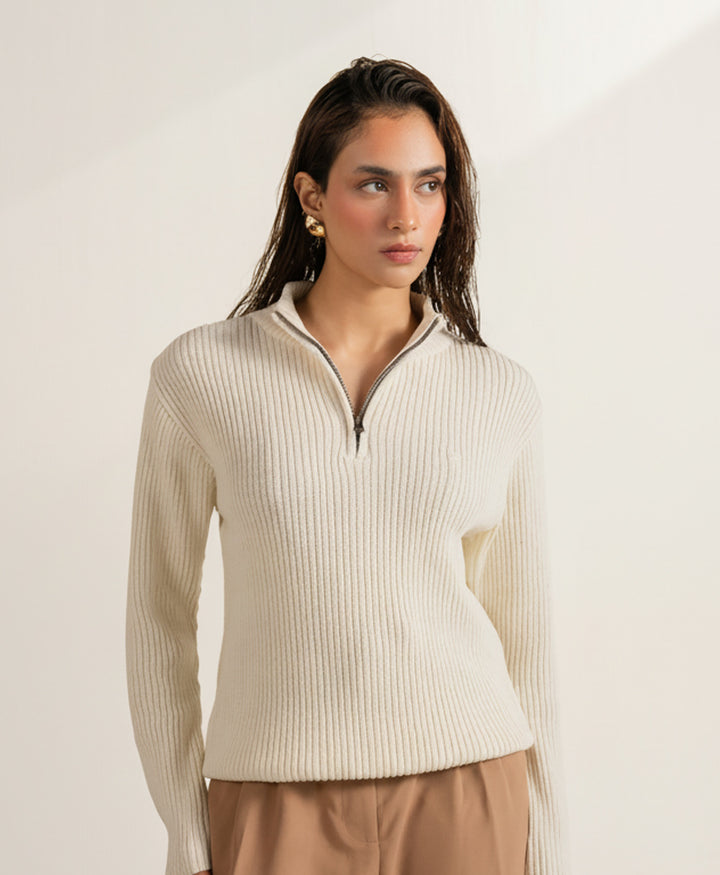 Cream Mock Neck Zipper Sweater (Women)