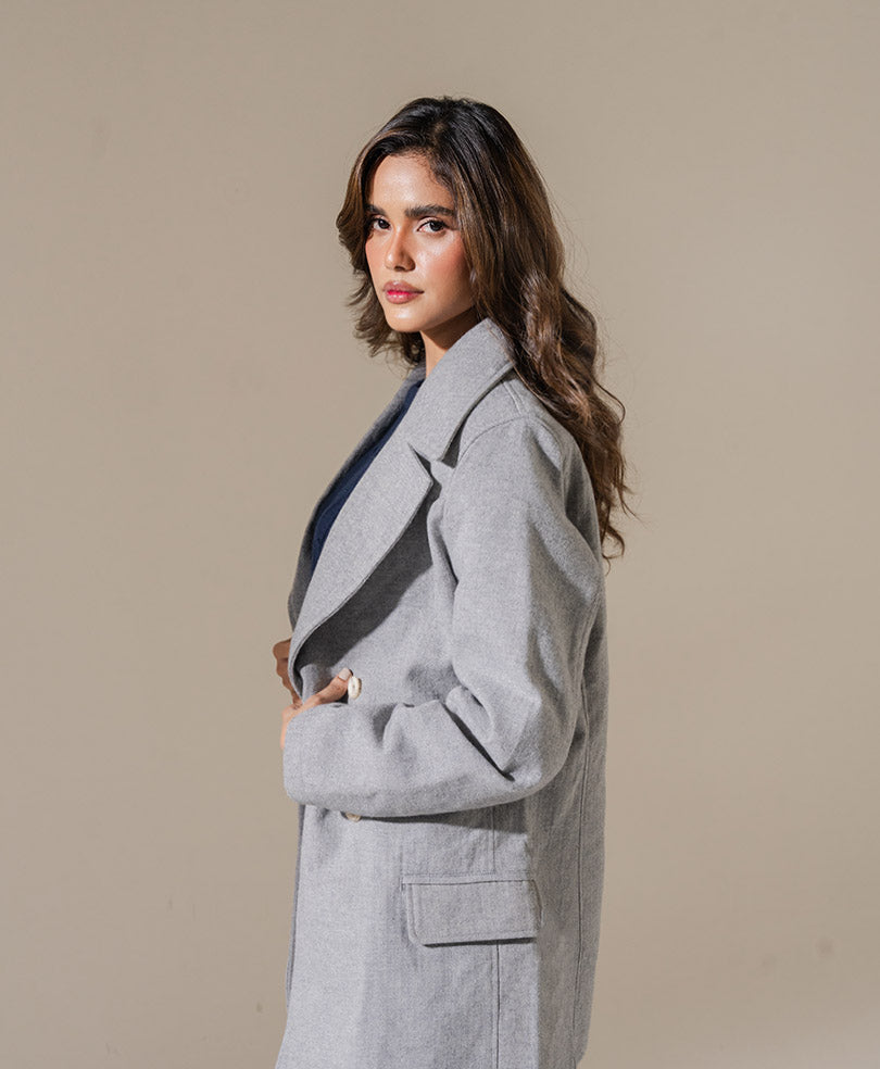 Herringbone Grey Long Coat (Women)