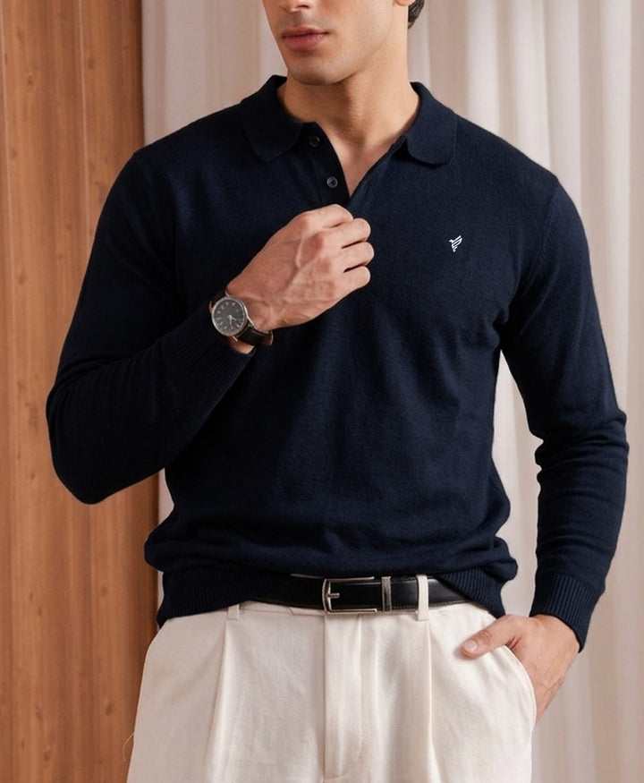 Navy Full Sleeves Knitted POLO