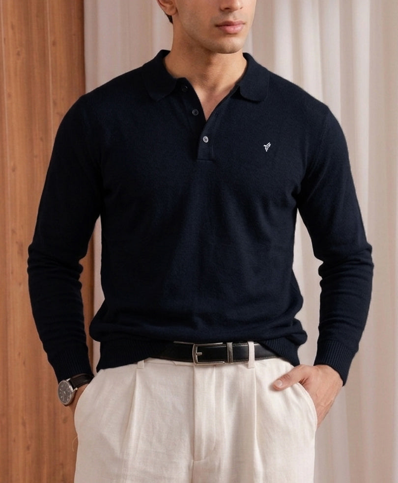 Navy Full Sleeves Knitted POLO