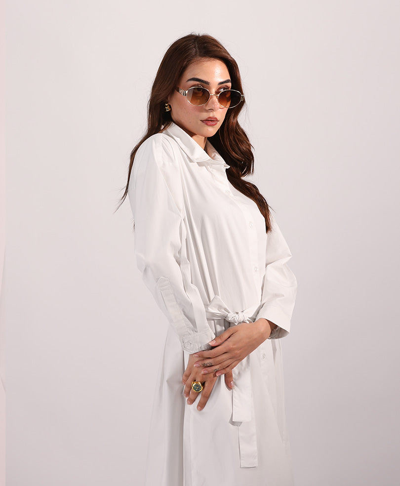 White Belted Oxford Shirt Dress (Women)