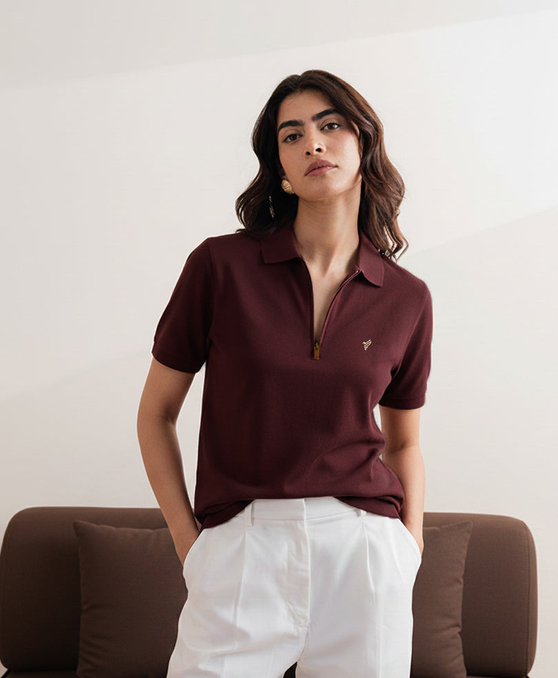 Port Maroon Zip POLO (Women)