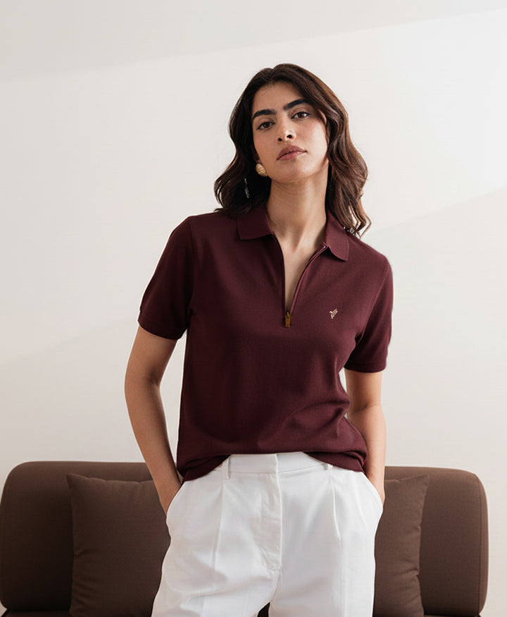 Port Maroon Zip POLO (Women)