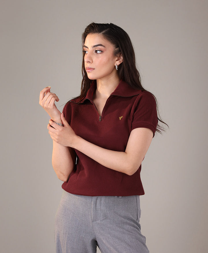 Maroon Waffle Zip POLO (Women)