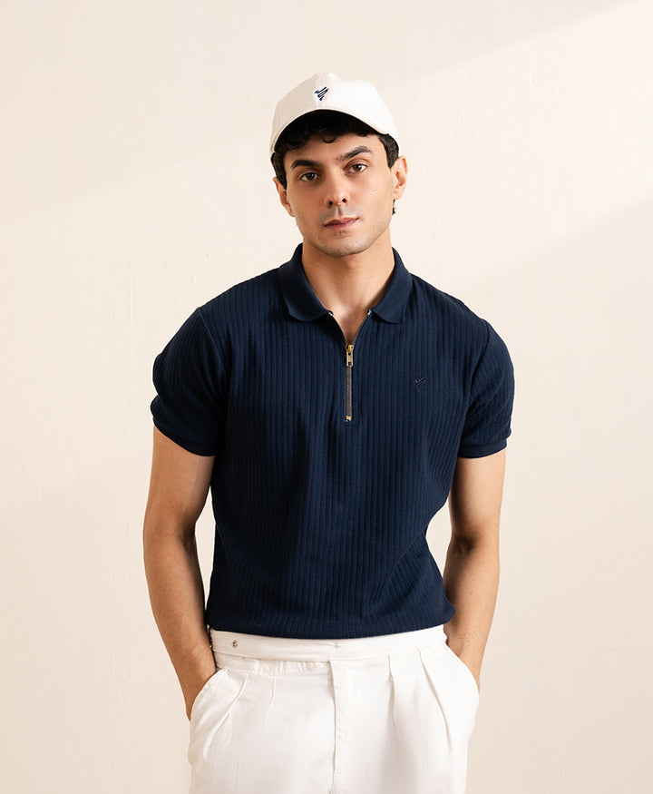 Navy Fine Drop Needle Zip POLO