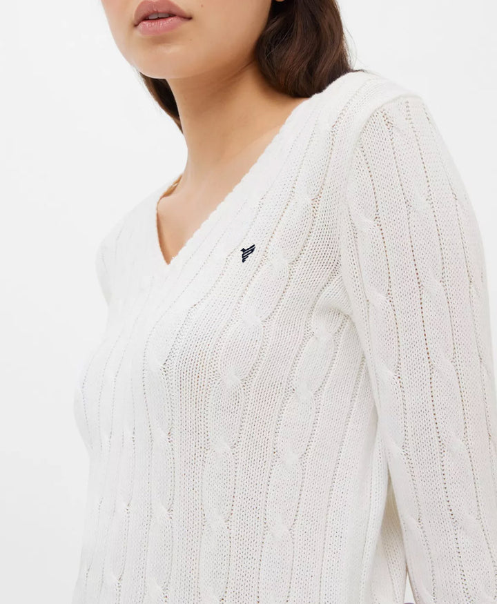 White V-Neck Cable Knit Sweater (Women)