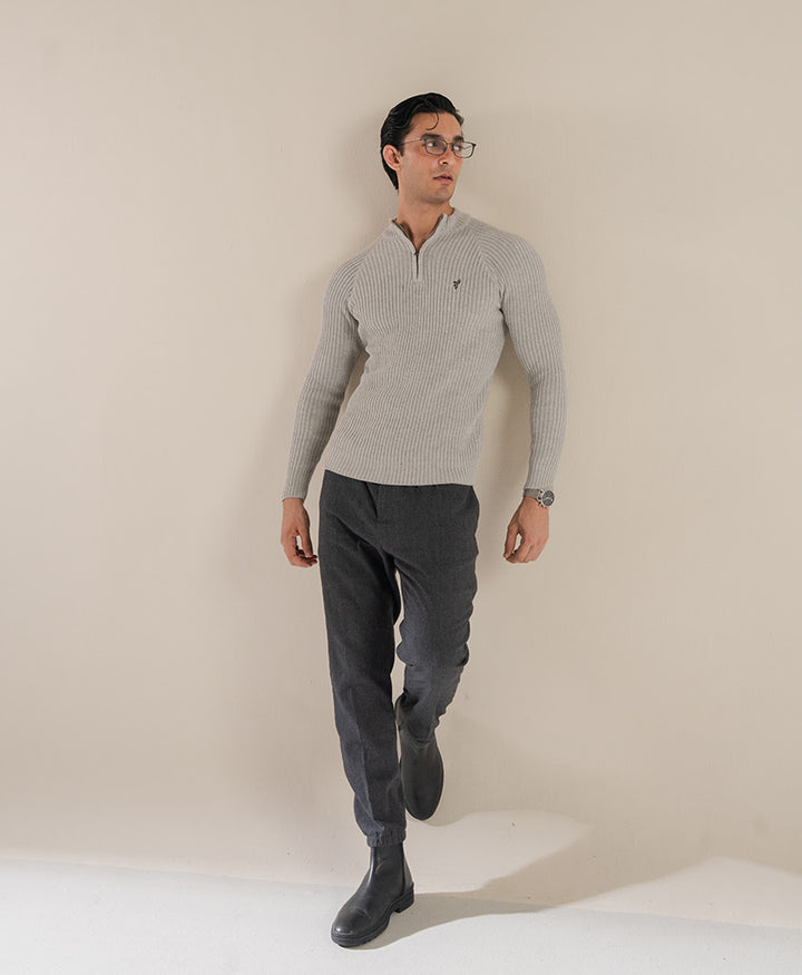 Grey Mock Neck Zipper Sweater