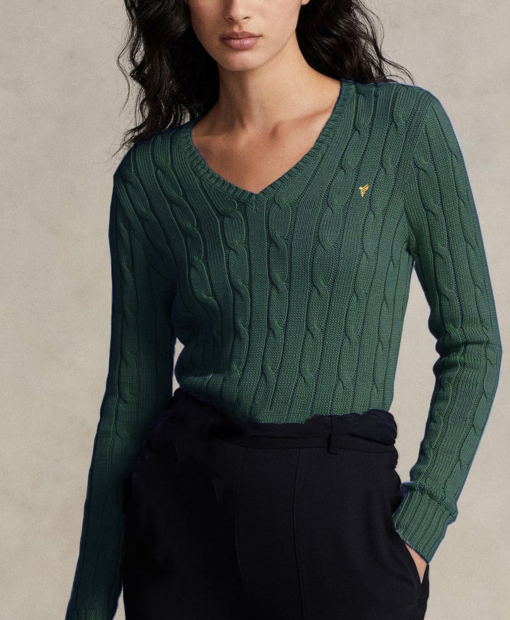 Green V-Neck Cable Knit Sweater (Women)