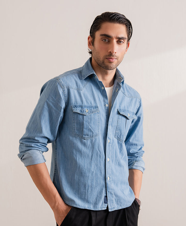 Mid Blue Iconic Denim Shirt (Regular Fit)